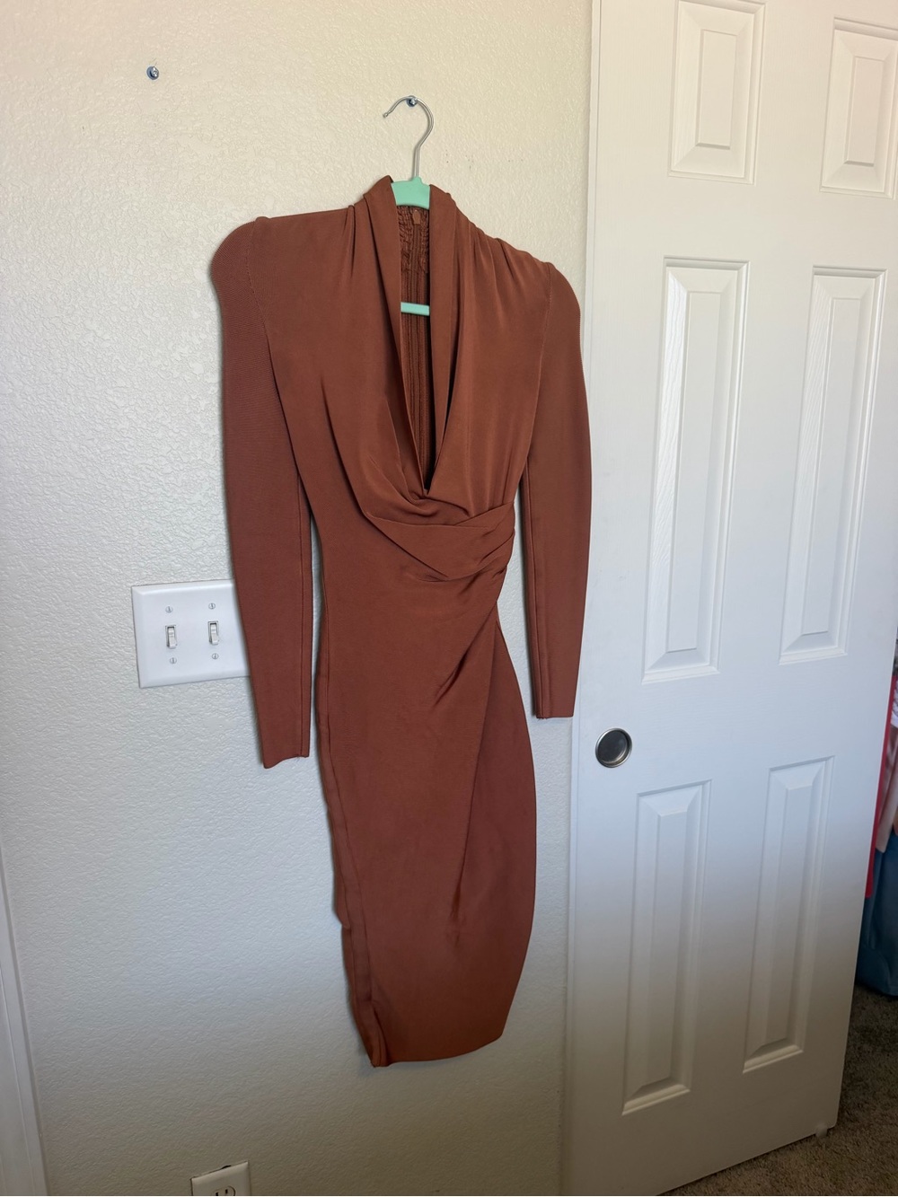 House of CB Rust Brown Long Sleeve Draped Cowl Bandage Midi Dress